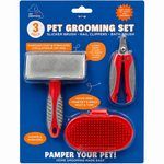 Pet Obsesson 3 Piece Pet Grooming Set with Slicker Brush Nail Clippers and Bath Brush in Assorted Colors